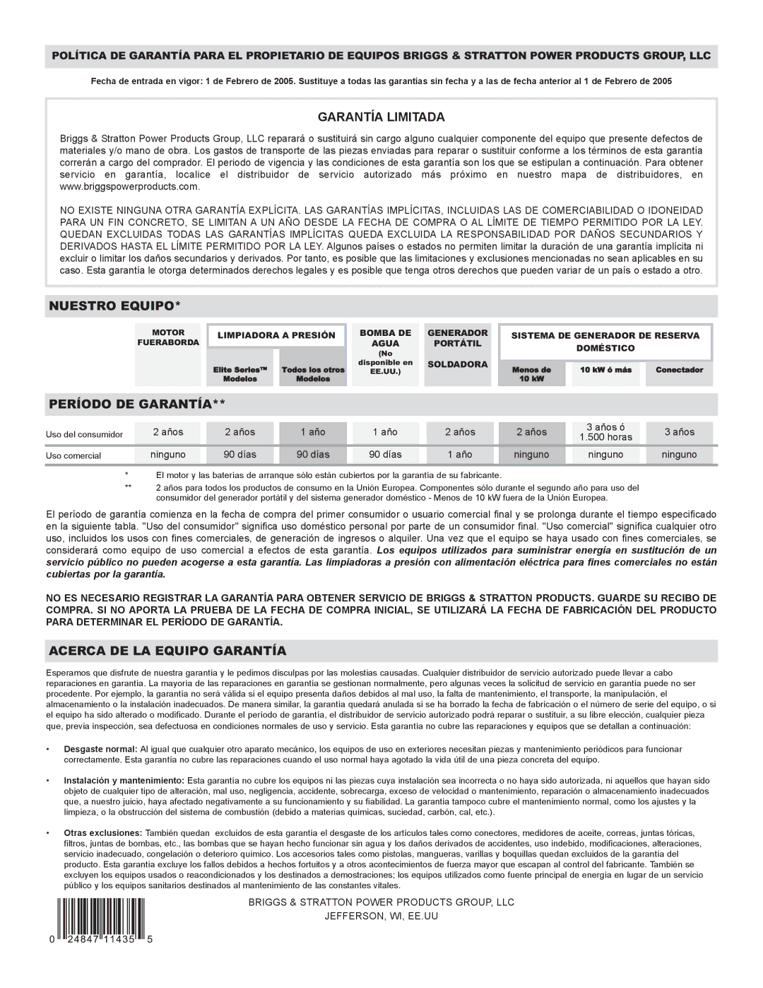 Briggs & Stratton 020251 owner manual Garantía Limitada 