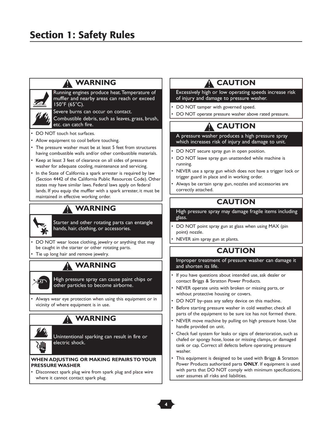 Briggs & Stratton 020251 owner manual High pressure spray may damage fragile items including glass 