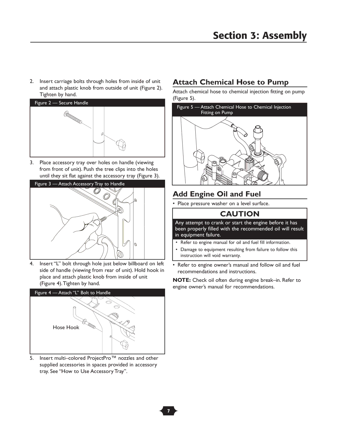 Briggs & Stratton 020251 owner manual Assembly, Attach Chemical Hose to Pump, Add Engine Oil and Fuel 