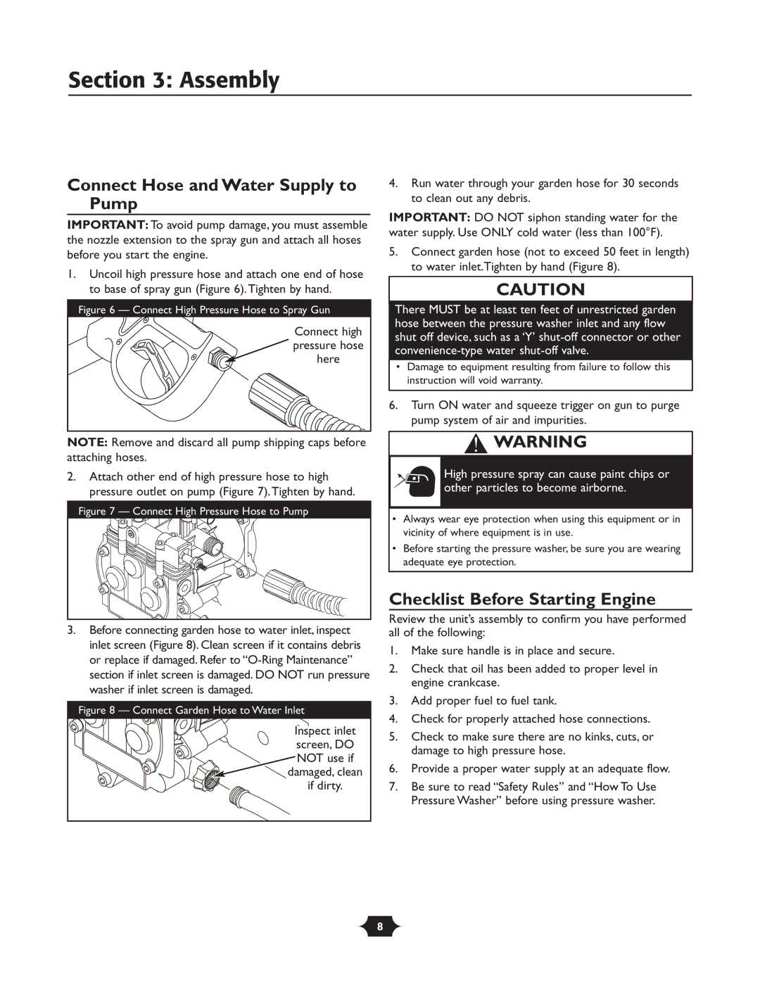 Briggs & Stratton 020251 owner manual Connect Hose and Water Supply to Pump, Checklist Before Starting Engine, Not use if 