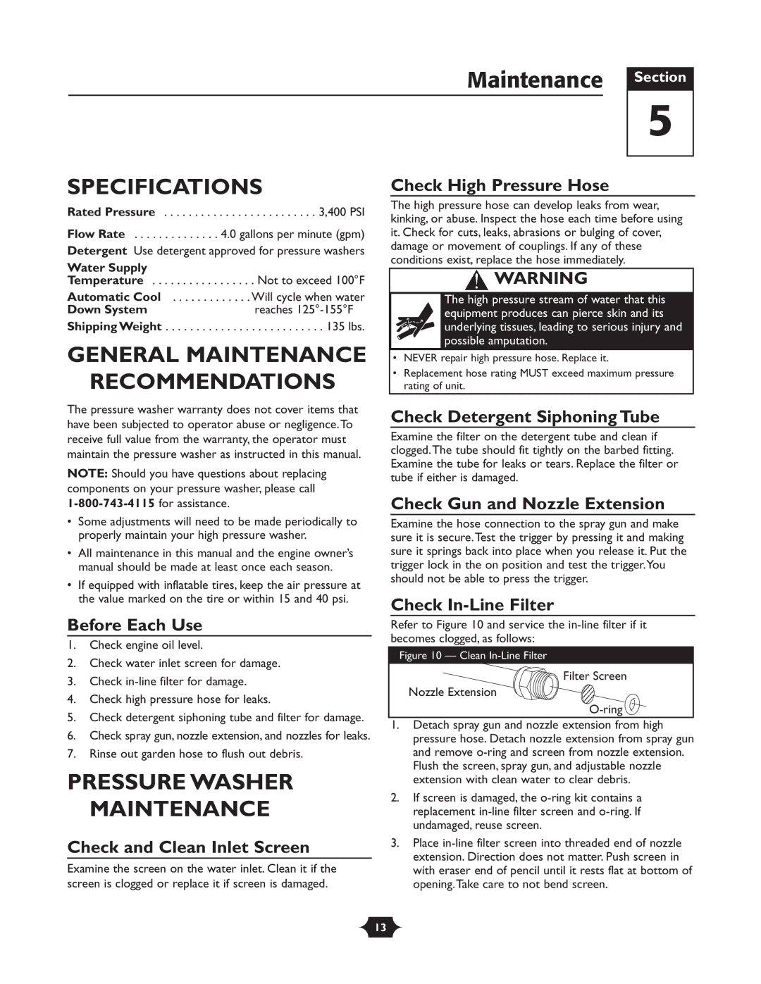 Briggs & Stratton 020252 owner manual Maintenance Section, Specifications, General Maintenance Recommendations 