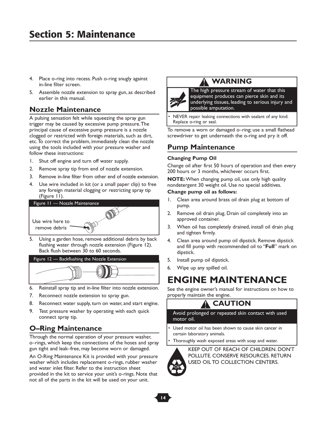 Briggs & Stratton 020252 owner manual Engine Maintenance, Nozzle Maintenance, Ring Maintenance, Pump Maintenance 