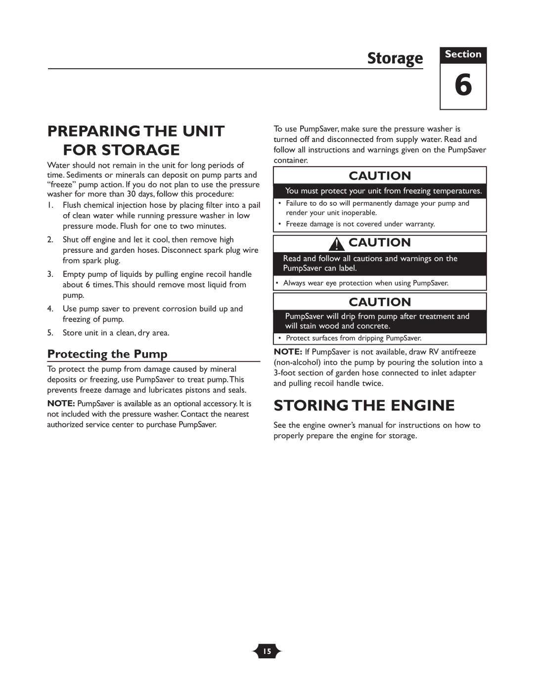 Briggs & Stratton 020252 owner manual Preparing the Unit for Storage, Storing the Engine, Protecting the Pump 