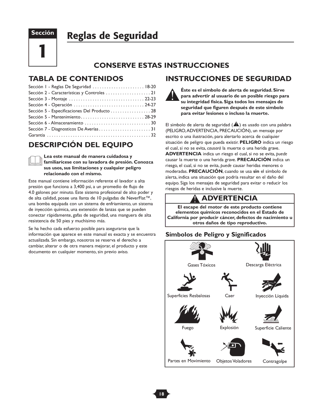 Briggs & Stratton 020252 Reglas de Seguridad, Conserve Estas Instrucciones Tabla DE Contenidos, Descripción DEL Equipo 