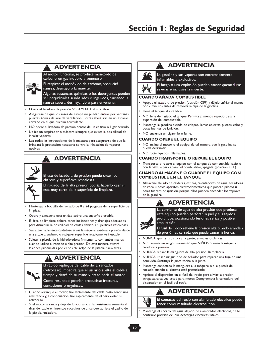 Briggs & Stratton 020252 owner manual Sección 1 Reglas de Seguridad, Cuando Añada Combustible 