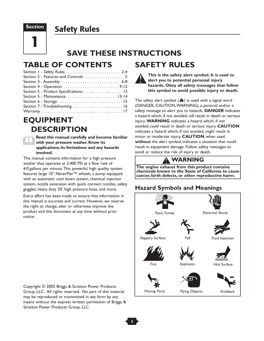 Briggs & Stratton 020252 owner manual Table of Contents, Equipment Description, Safety Rules 