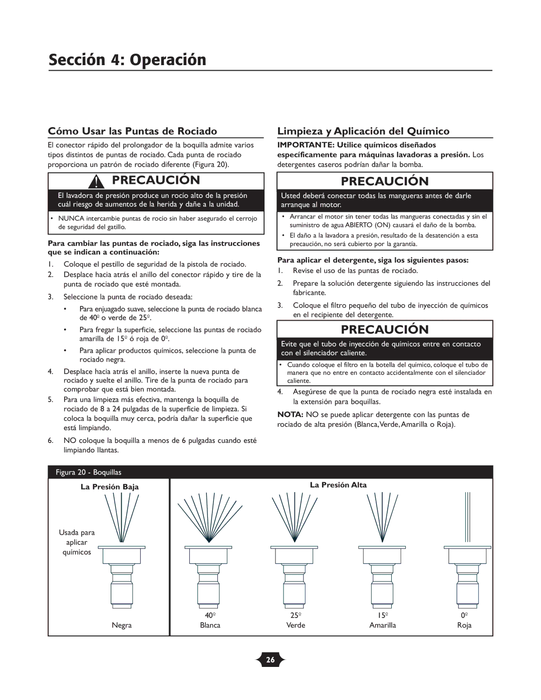 Briggs & Stratton 020252 owner manual Cómo Usar las Puntas de Rociado, Limpieza y Aplicación del Químico, La Presión Baja 