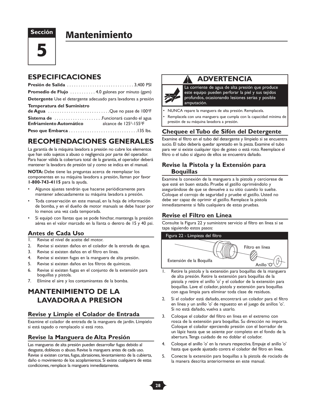 Briggs & Stratton 020252 owner manual Mantenimiento, Especificaciones, Recomendaciones Generales 