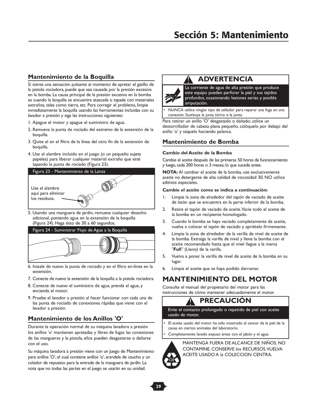 Briggs & Stratton 020252 owner manual Sección 5 Mantenimiento, Mantenimiento DEL Motor, Mantenimiento de la Boquilla 