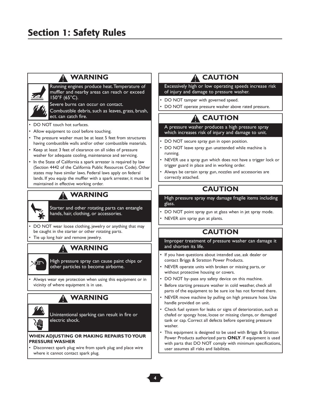 Briggs & Stratton 020252 owner manual High pressure spray may damage fragile items including glass 