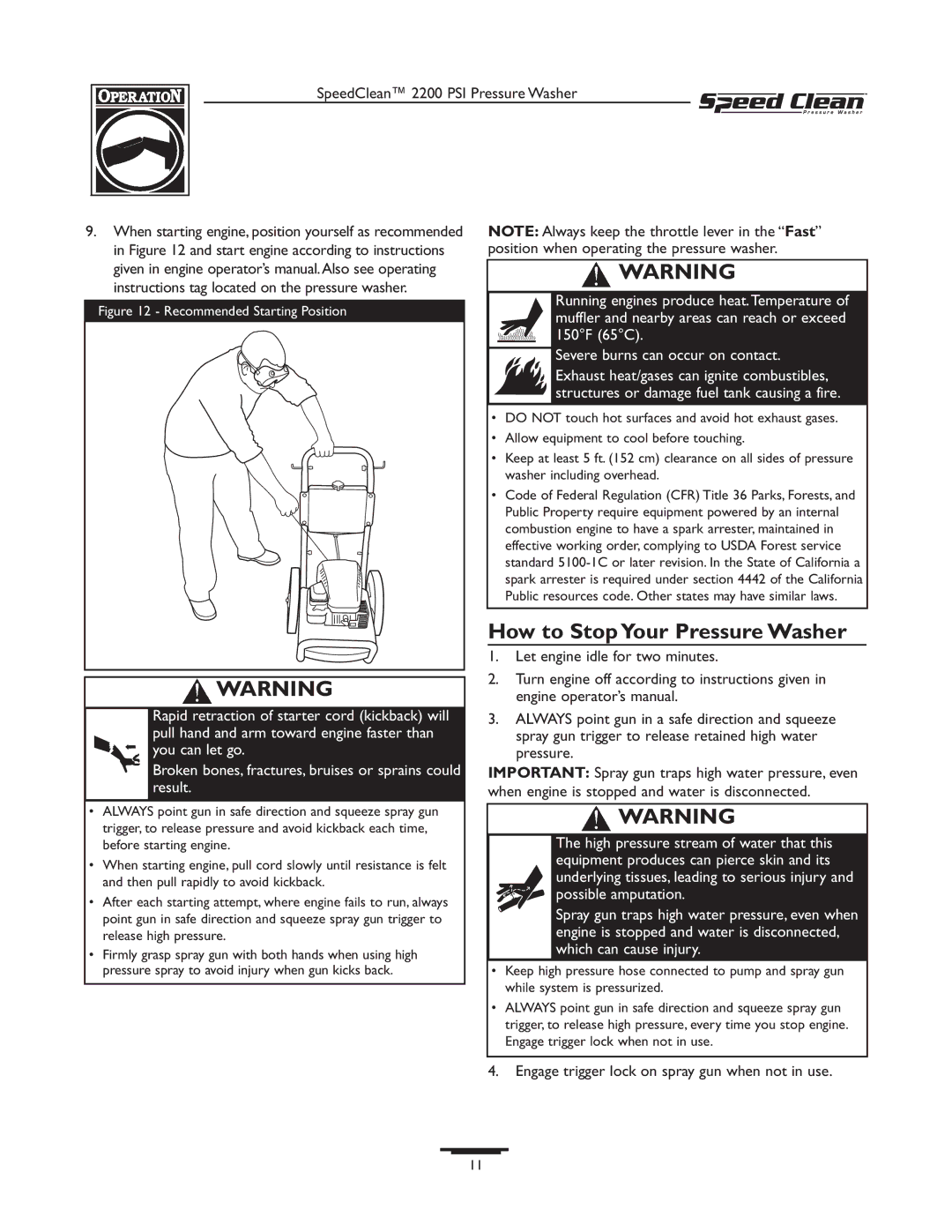 Briggs & Stratton 020261-0 manual How to Stop Your Pressure Washer, Recommended Starting Position 