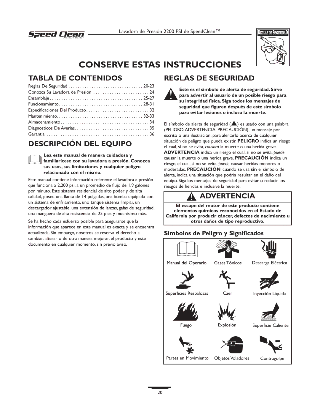 Briggs & Stratton 020261-0 manual Tabla DE Contenidos, Descripción DEL Equipo, Reglas DE Seguridad 