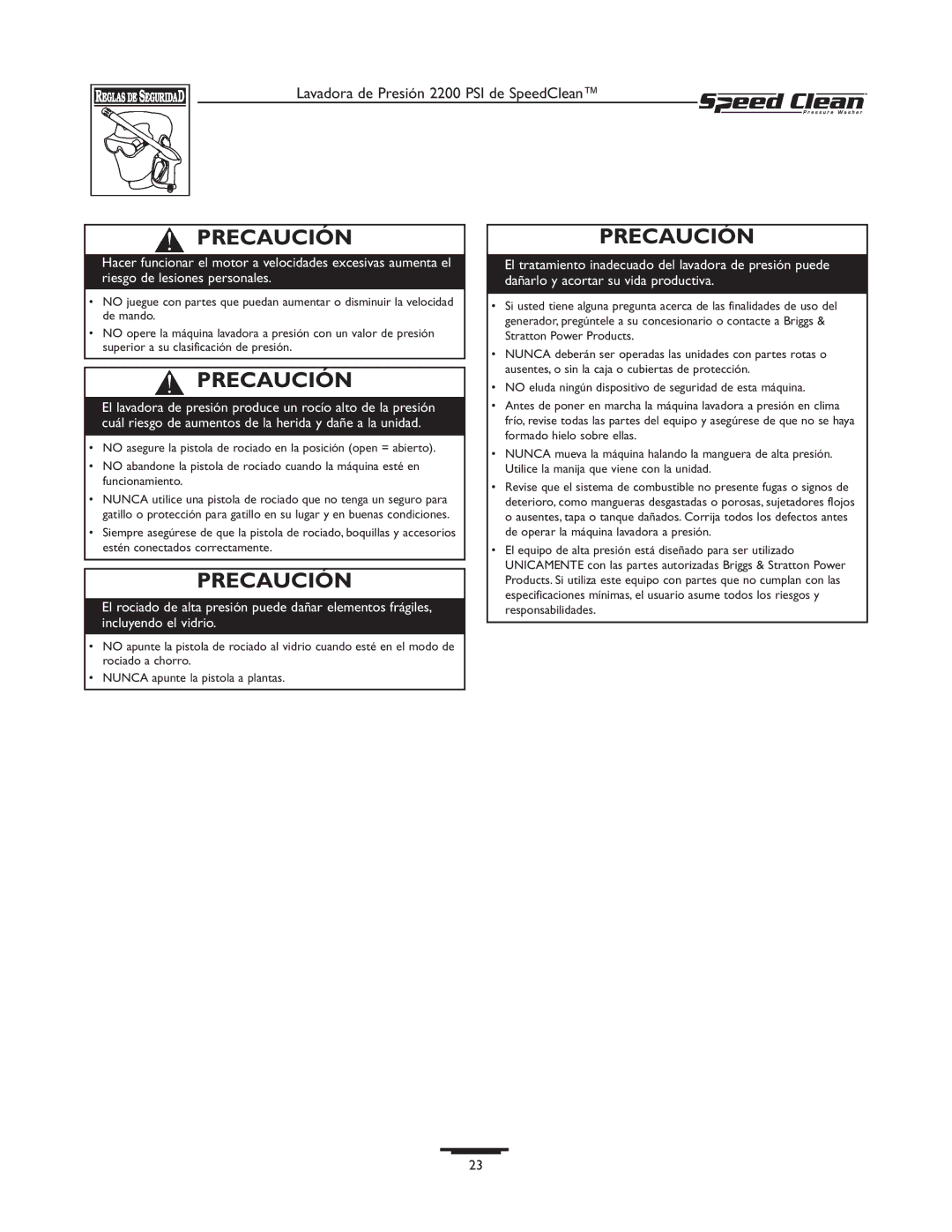 Briggs & Stratton 020261-0 manual Precaución 