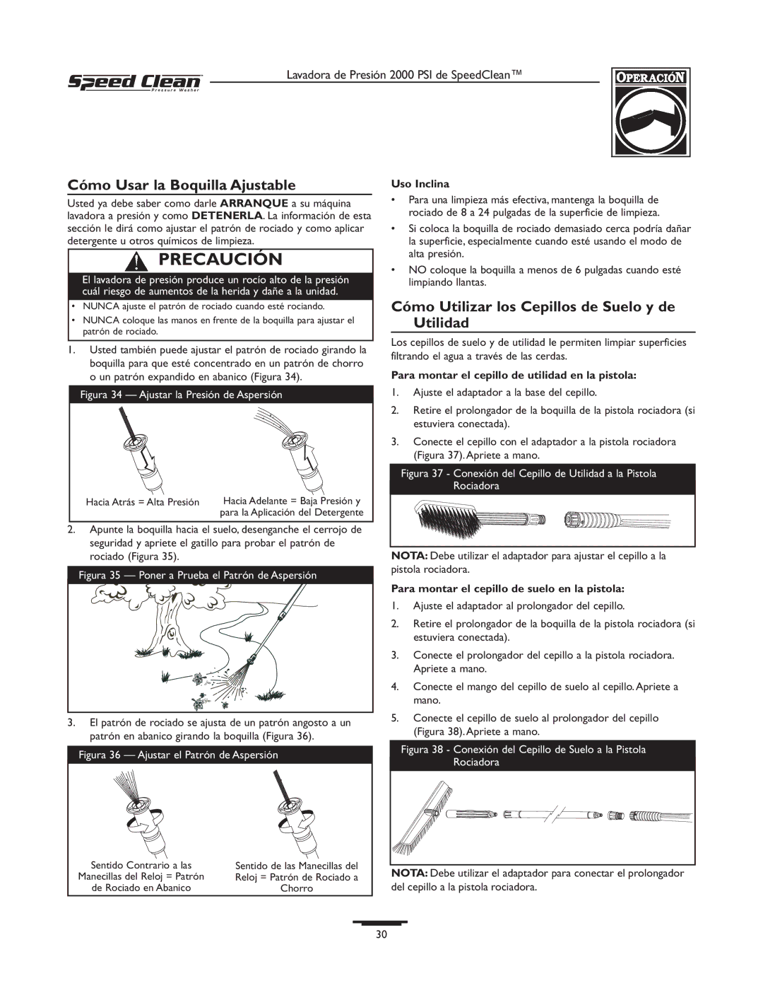 Briggs & Stratton 020261-0 Cómo Usar la Boquilla Ajustable, Cómo Utilizar los Cepillos de Suelo y de Utilidad, Uso Inclina 