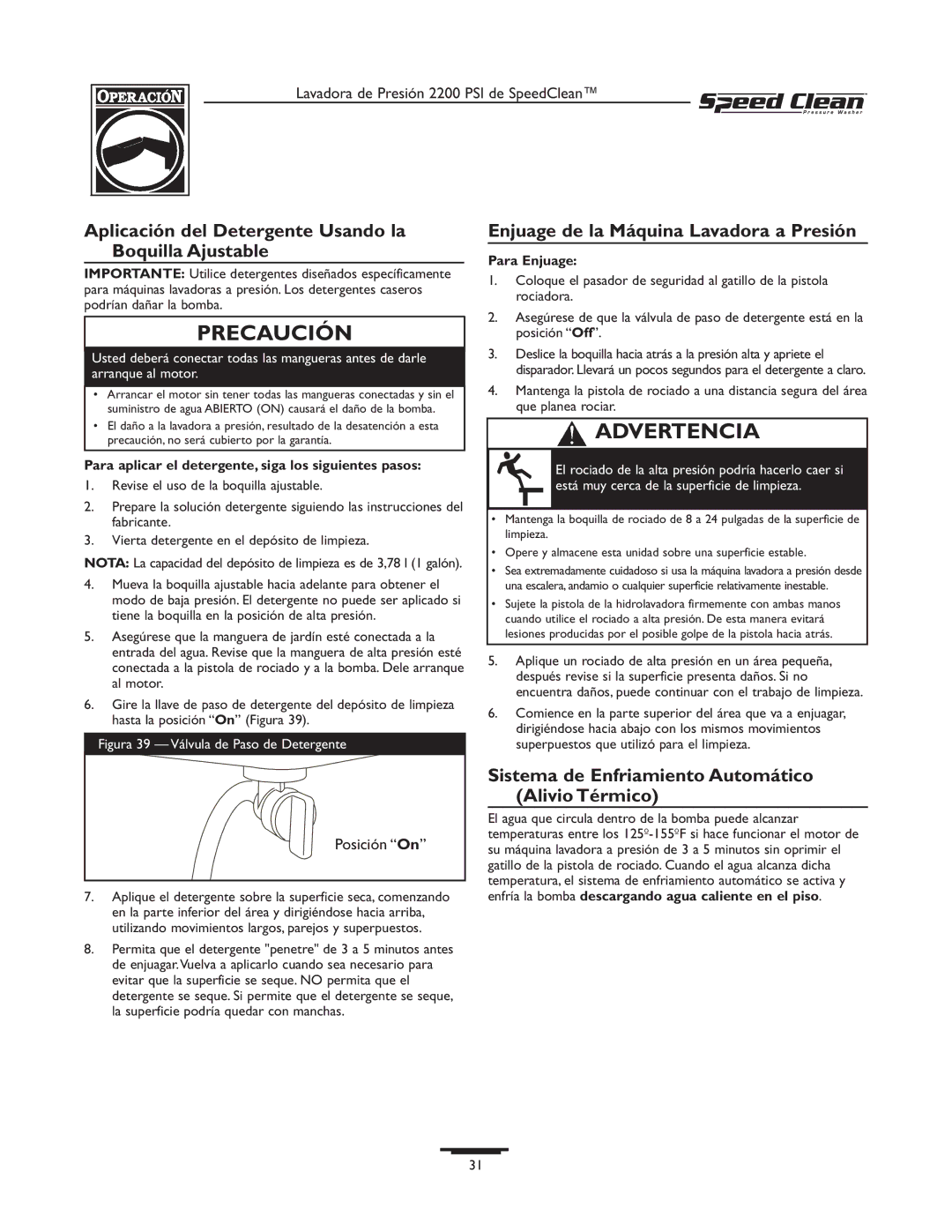 Briggs & Stratton 020261-0 manual Aplicación del Detergente Usando la Boquilla Ajustable, Para Enjuage 