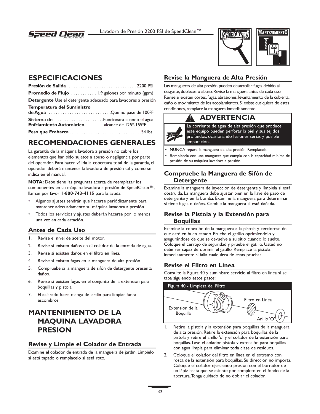 Briggs & Stratton 020261-0 manual Especificaciones, Recomendaciones Generales, Mantenimiento DE LA Maquina Lavadora Presion 