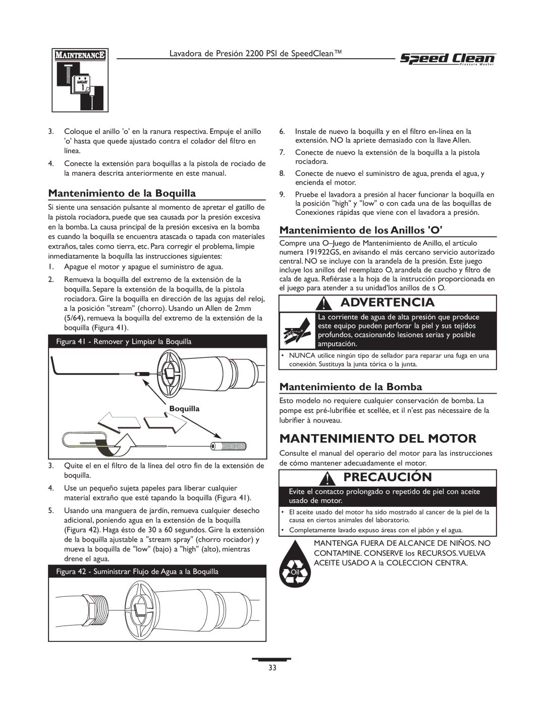 Briggs & Stratton 020261-0 manual Mantenimiento DEL Motor, Mantenimiento de la Boquilla, Mantenimiento de los Anillos O 