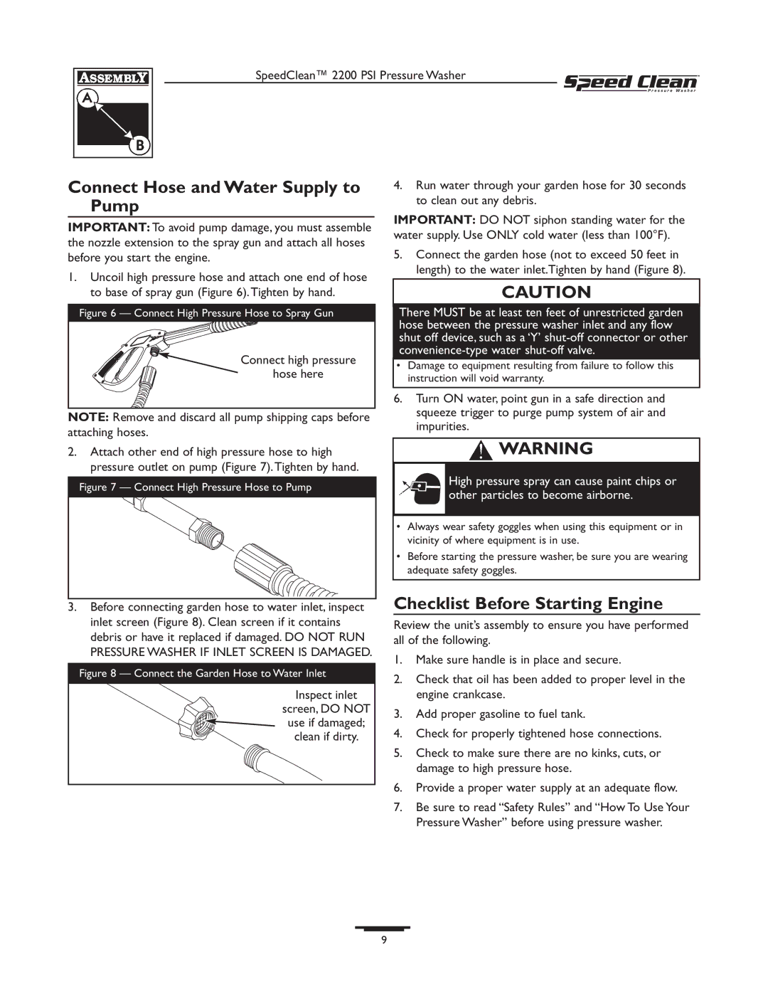 Briggs & Stratton 020261-0 manual Connect Hose and Water Supply to Pump, Checklist Before Starting Engine 