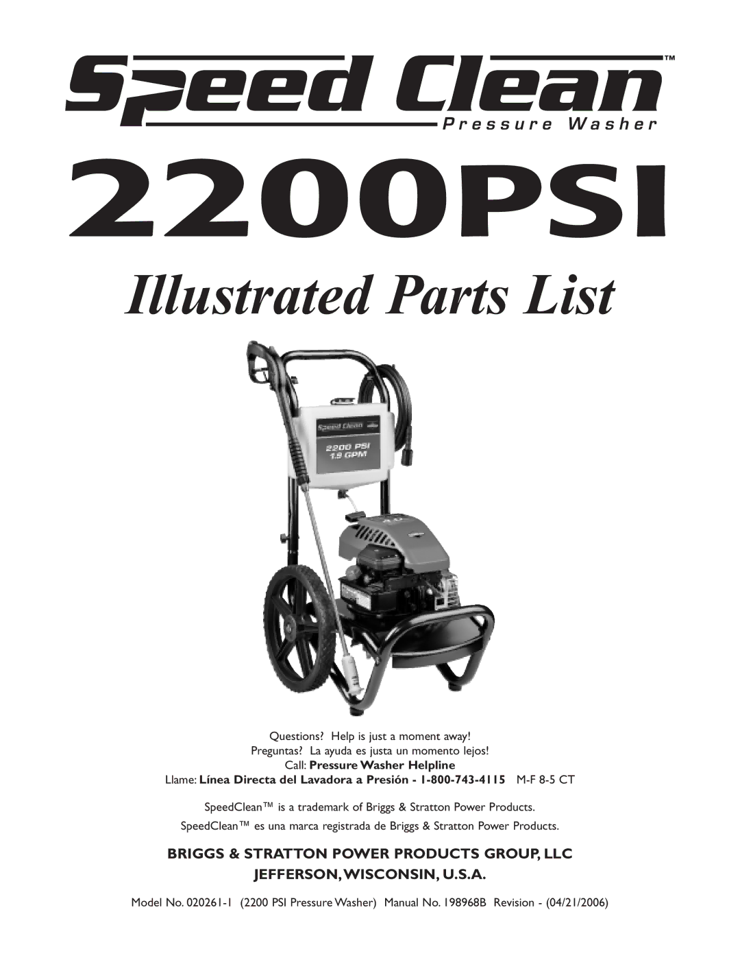 Briggs & Stratton 020261-1 manual 2200PSI, Illustrated Parts List 