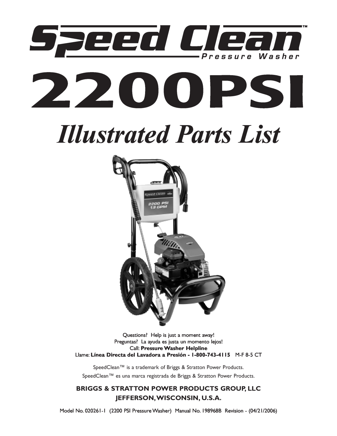 Briggs & Stratton 020261-1 manual 2200PSI, Illustrated Parts List, Briggs & Stratton Power Products Group, Llc 
