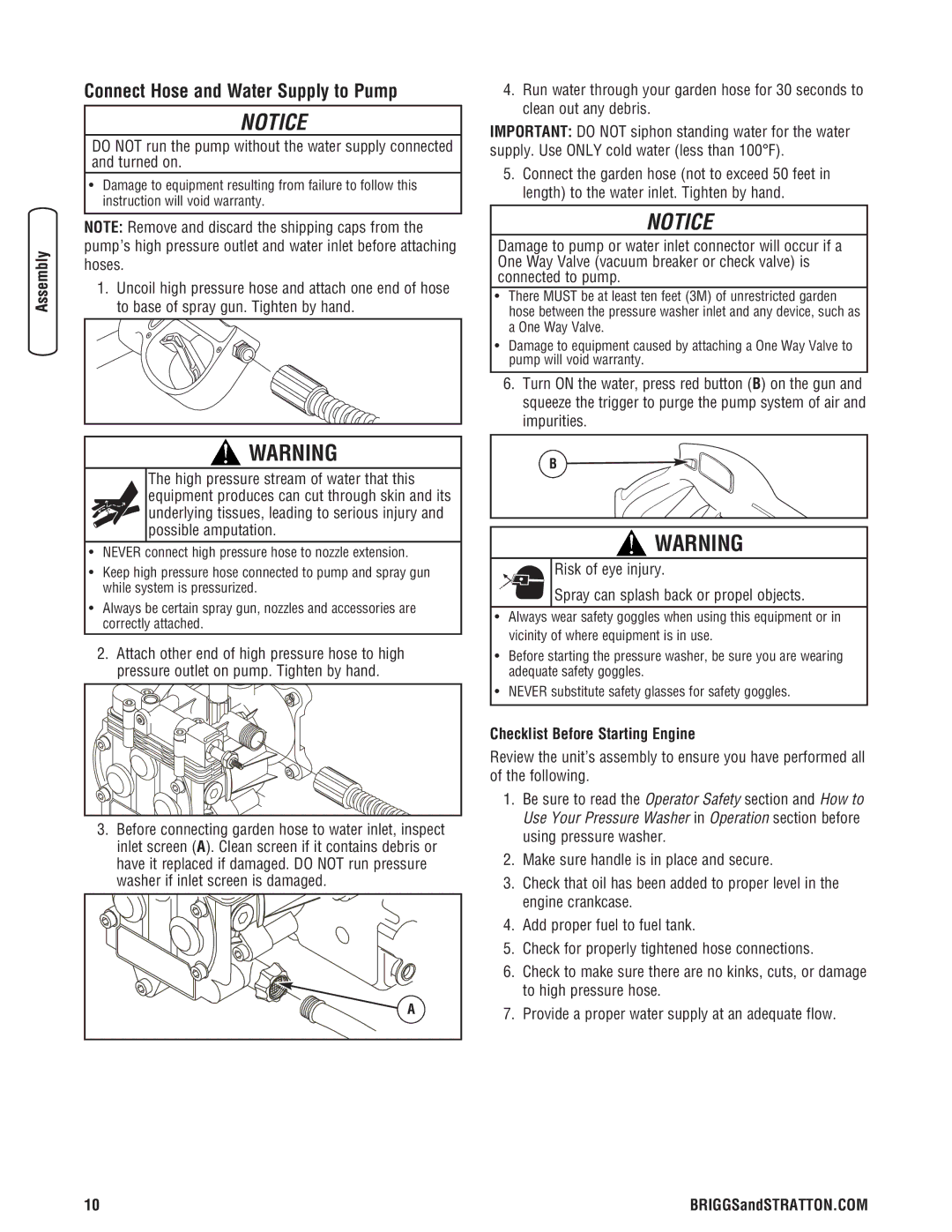 Briggs & Stratton 020274-0 manual Connect Hose and Water Supply to Pump, Checklist Before Starting Engine 