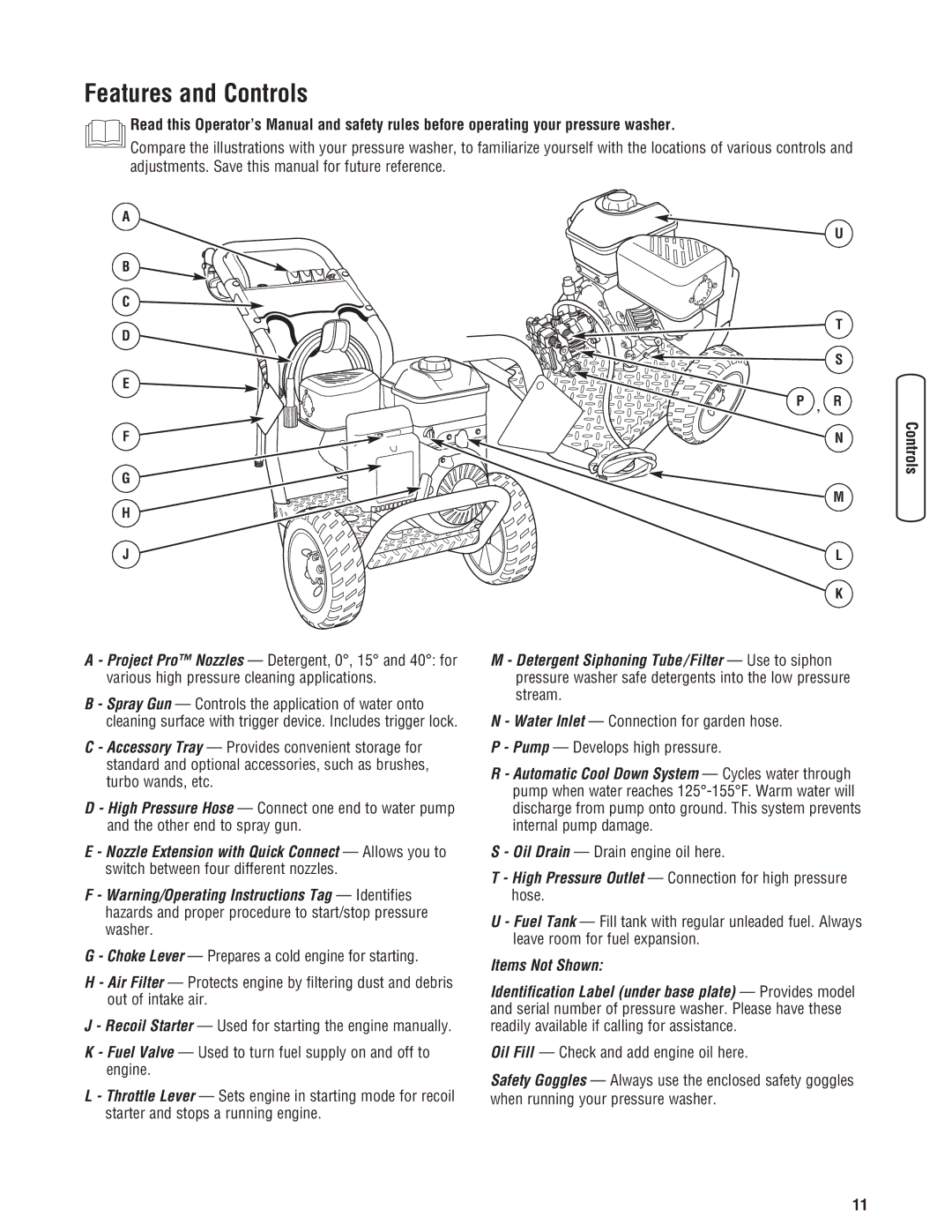 Briggs & Stratton 020274-0 manual Features and Controls, Oil Drain Drain engine oil here 