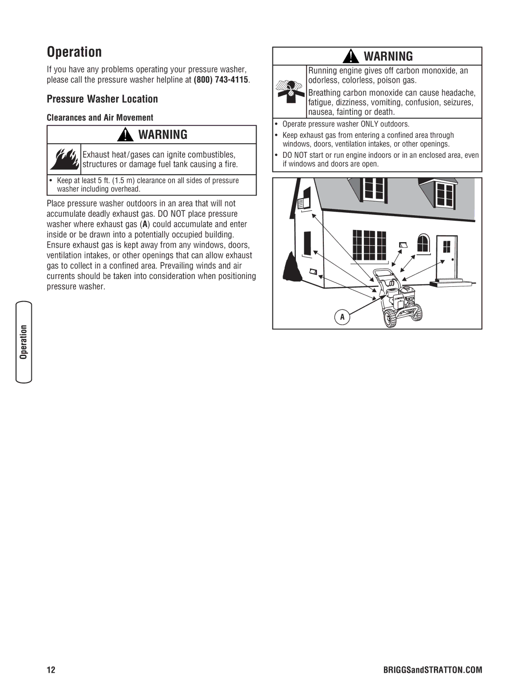 Briggs & Stratton 020274-0 manual Operation, Pressure Washer Location, Clearances and Air Movement 