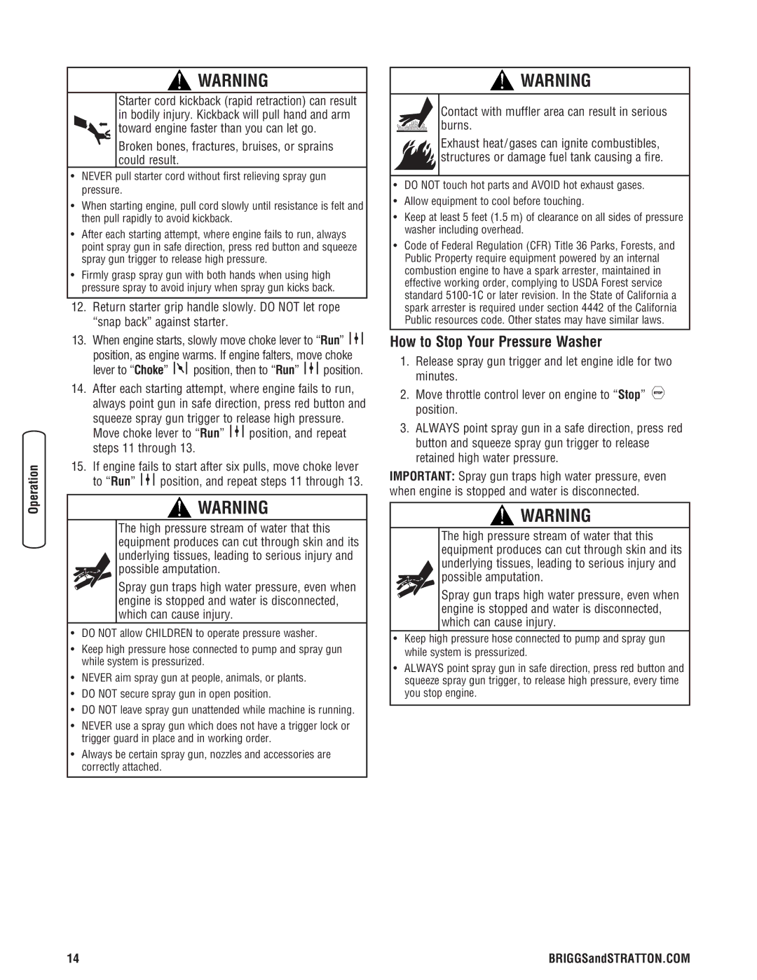 Briggs & Stratton 020274-0 manual How to Stop Your Pressure Washer, Lever to Choke position, then to Run position 