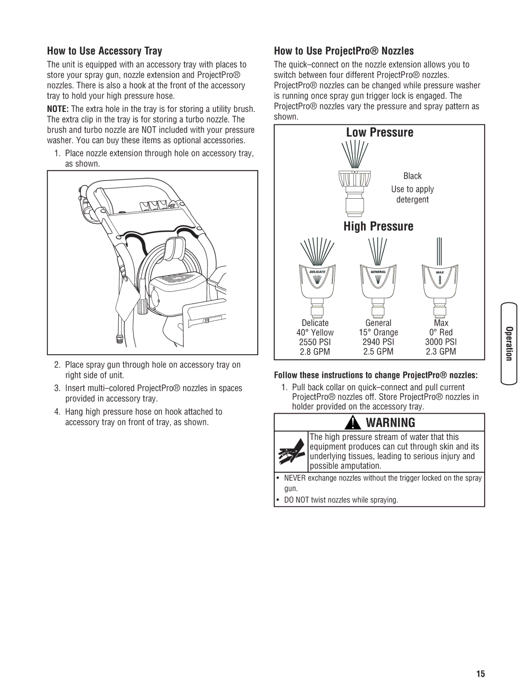 Briggs & Stratton 020274-0 manual How to Use Accessory Tray, How to Use ProjectPro Nozzles 