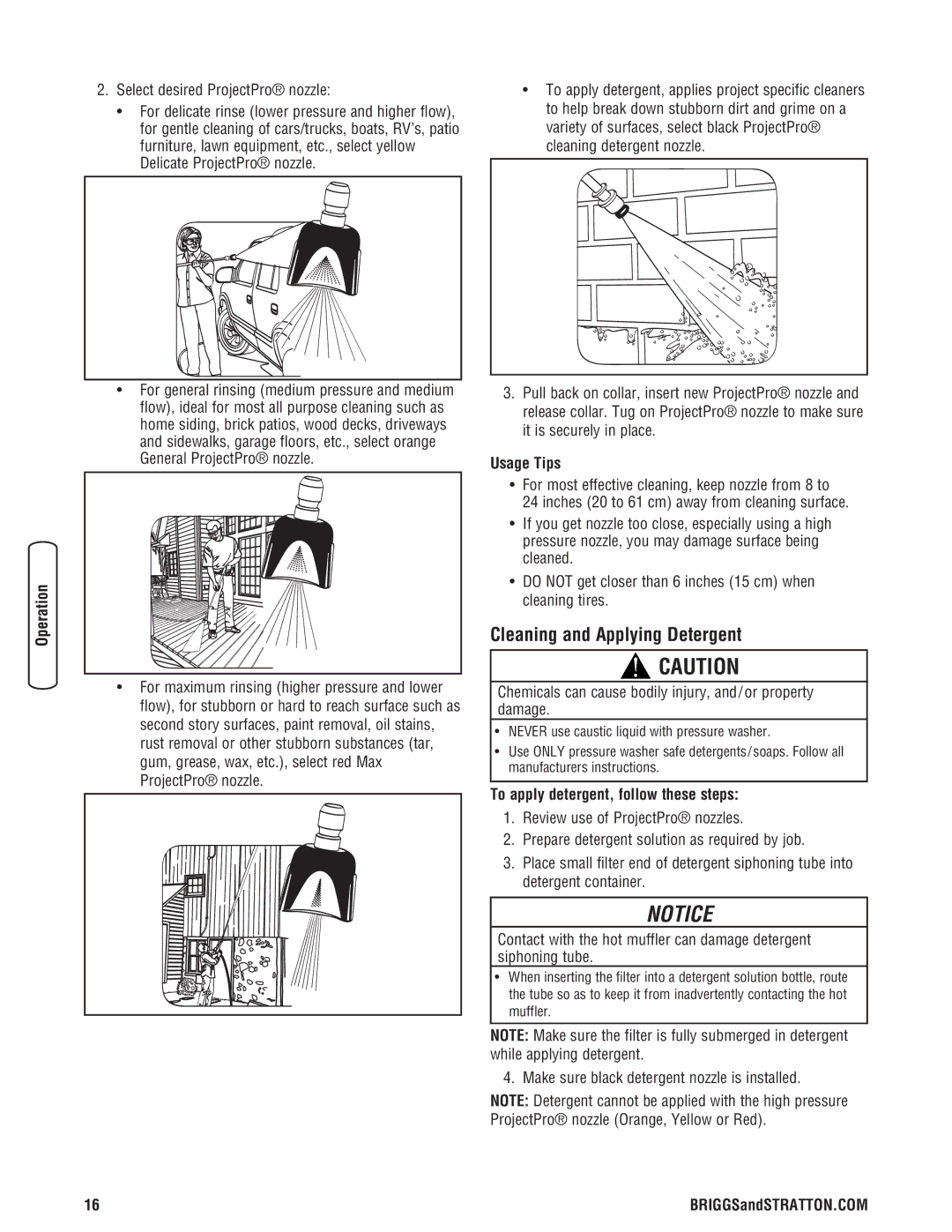 Briggs & Stratton 020274-0 manual Cleaning and Applying Detergent, Usage Tips, To apply detergent, follow these steps 