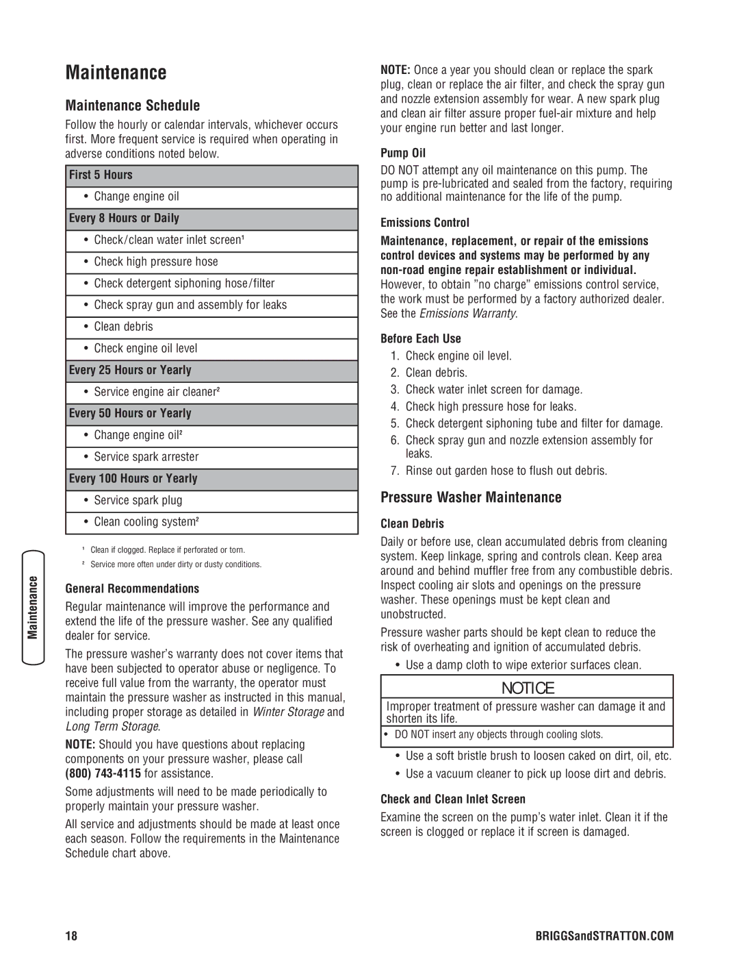 Briggs & Stratton 020274-0 manual Maintenance Schedule, Pressure Washer Maintenance 