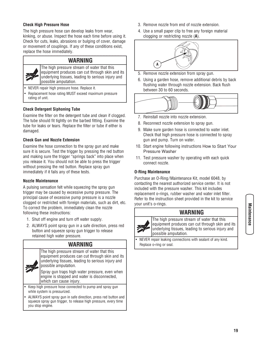 Briggs & Stratton 020274-0 manual Check High Pressure Hose, Check Detergent Siphoning Tube, Check Gun and Nozzle Extension 