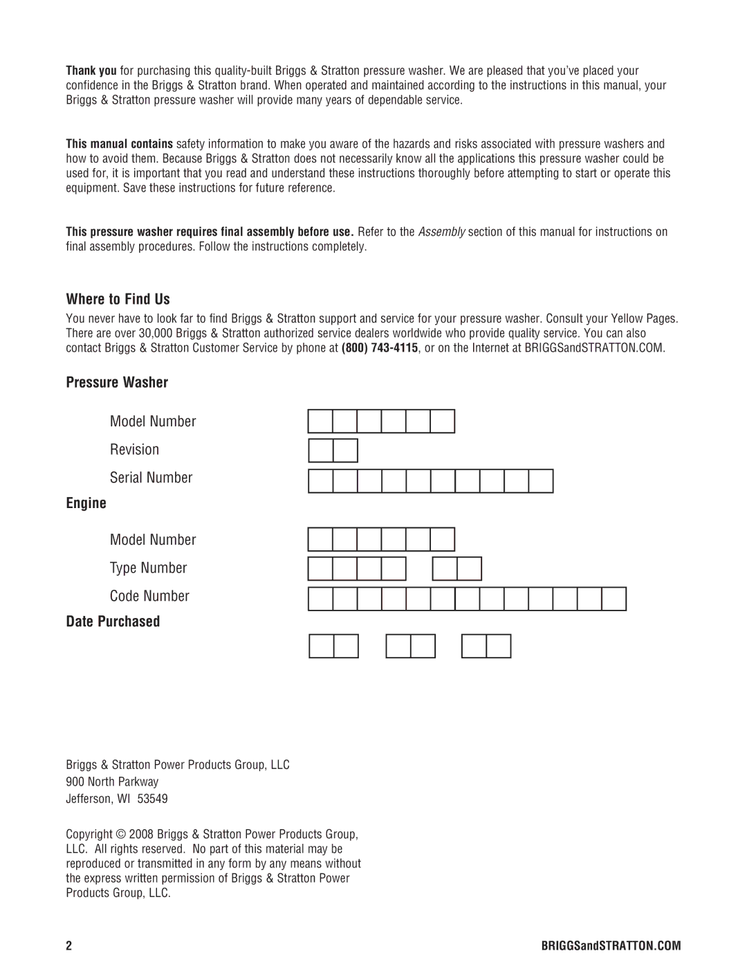 Briggs & Stratton 020274-0 manual Where to Find Us, Pressure Washer, Engine, Date Purchased 