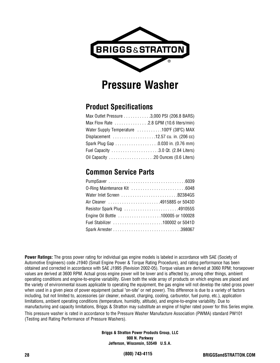 Briggs & Stratton 020274-0 manual Product Specifications, Common Service Parts, 800 