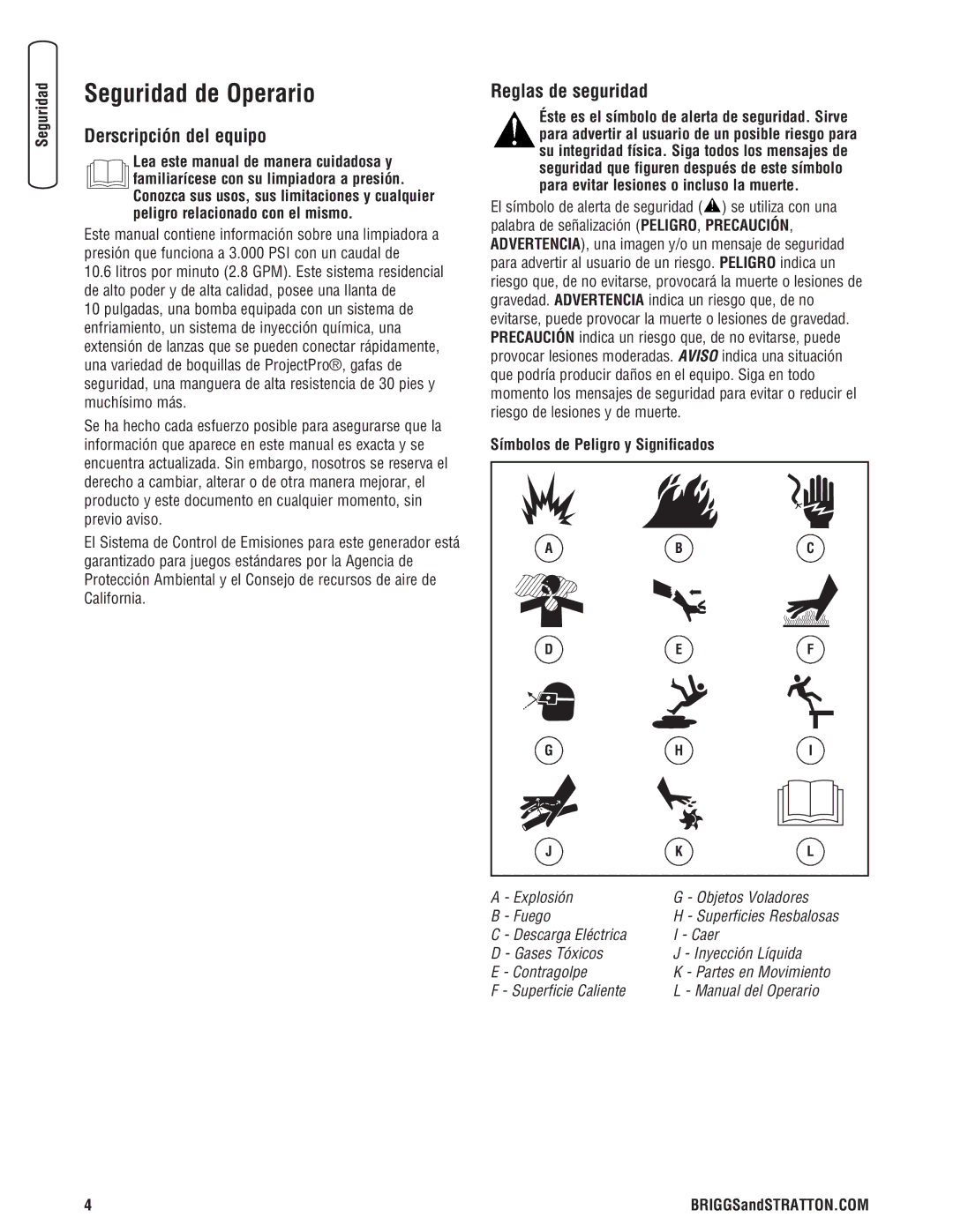 Briggs & Stratton 020274-0 manual Seguridad de Operario, Derscripción del equipo, Reglas de seguridad 