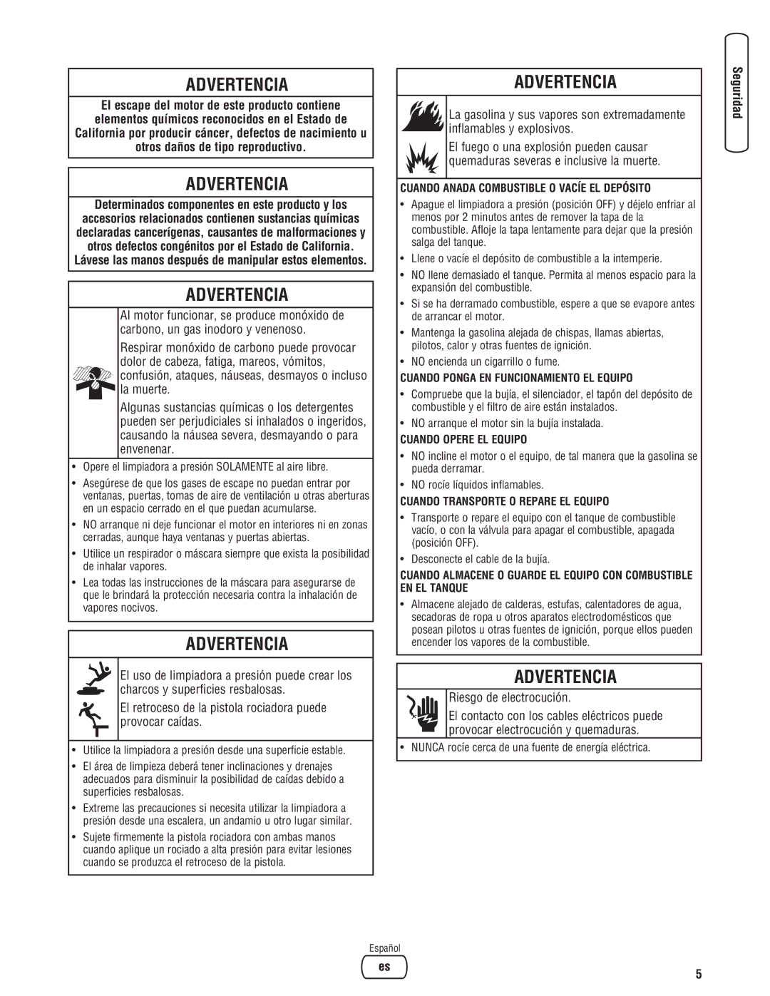 Briggs & Stratton 020274-0 manual Advertencia, Riesgo de electrocución 