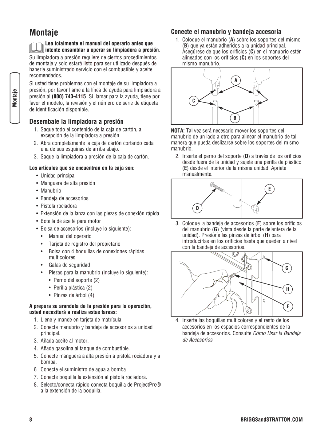 Briggs & Stratton 020274-0 manual Montaje, Desembale la limpiadora a presión, Conecte el manubrio y bandeja accesoria 