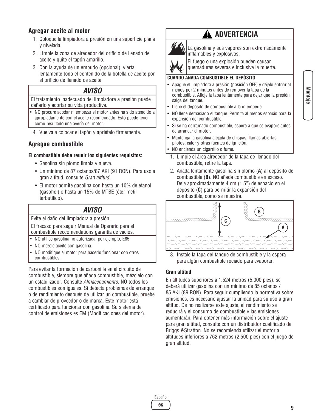 Briggs & Stratton 020274-0 manual Agregar aceite al motor, Agregue combustible, Gran altitud 