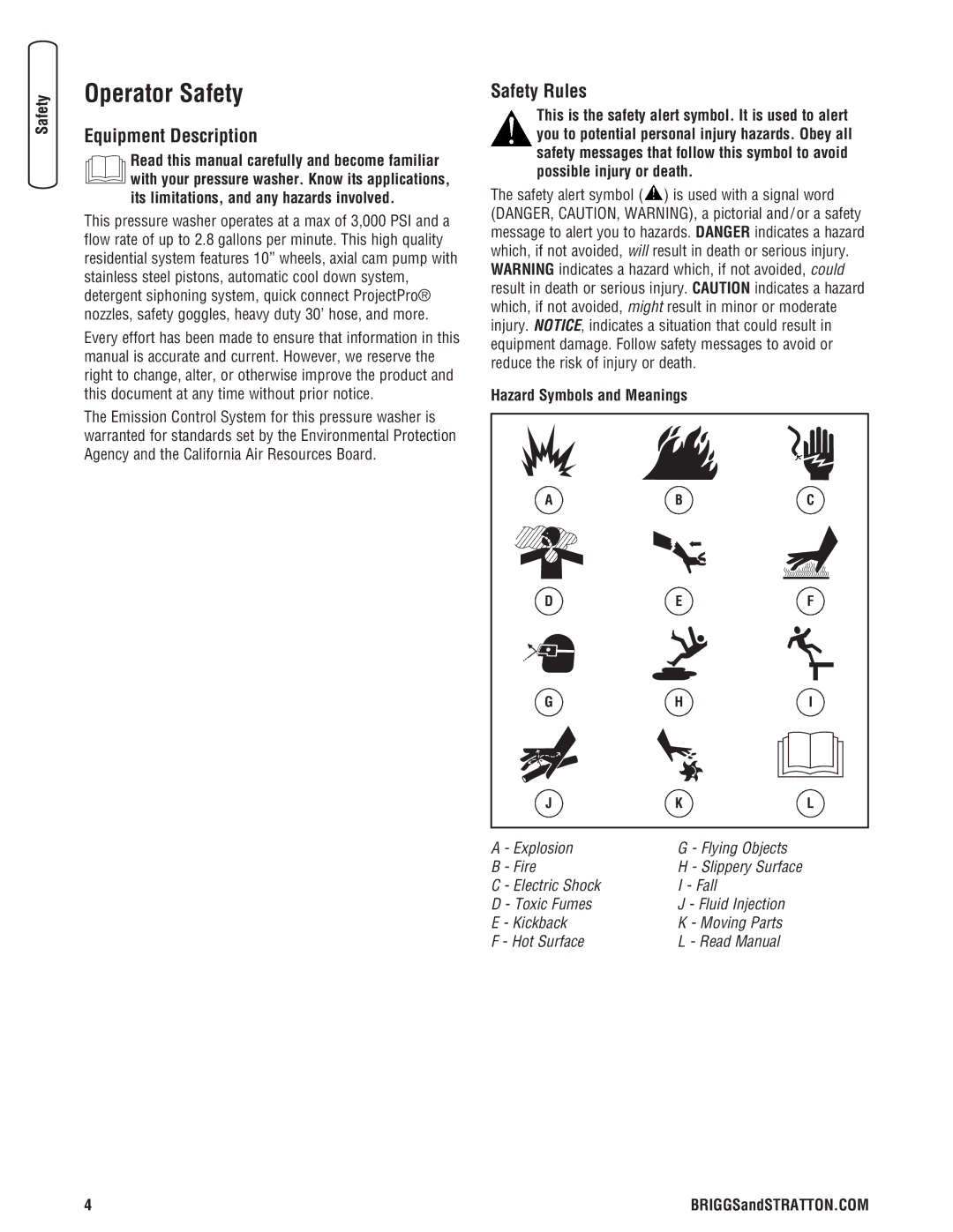 Briggs & Stratton 020274-0 manual Operator Safety, Equipment Description, Safety Rules, Hazard Symbols and Meanings 