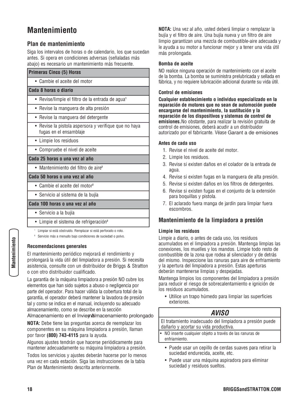 Briggs & Stratton 020274-0 manual Plan de mantenimiento, Mantenimiento de la limpiadora a presión 