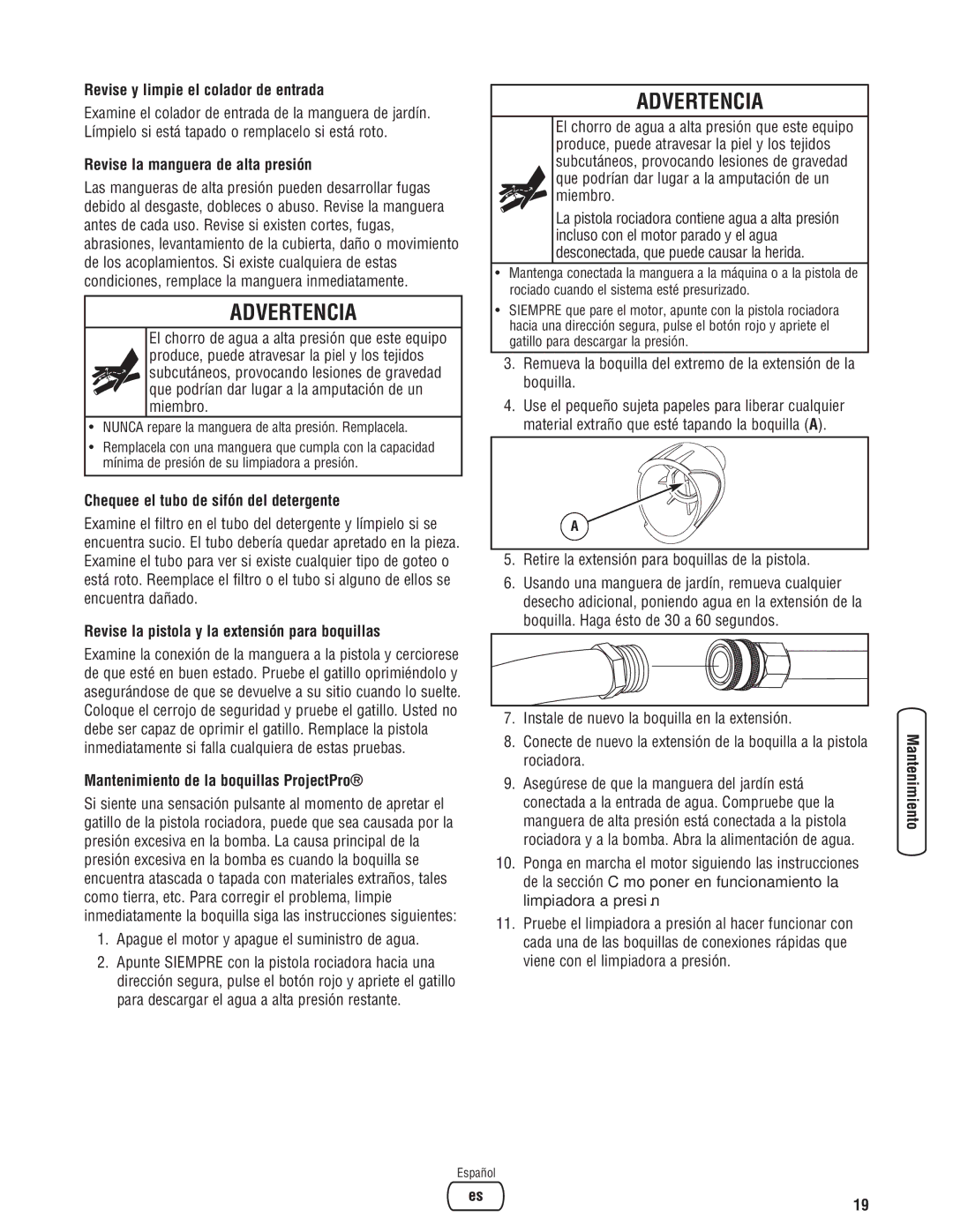 Briggs & Stratton 020274-0 manual Revise y limpie el colador de entrada, Revise la manguera de alta presión 