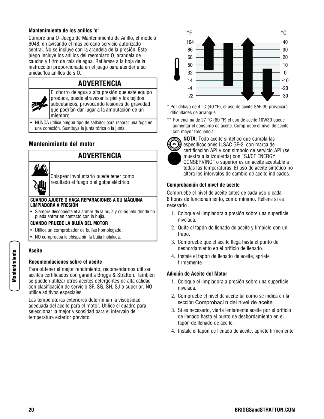 Briggs & Stratton 020274-0 Mantenimiento del motor, Mantenimiento de los anillos o, Aceite Recomendaciones sobre el aceite 