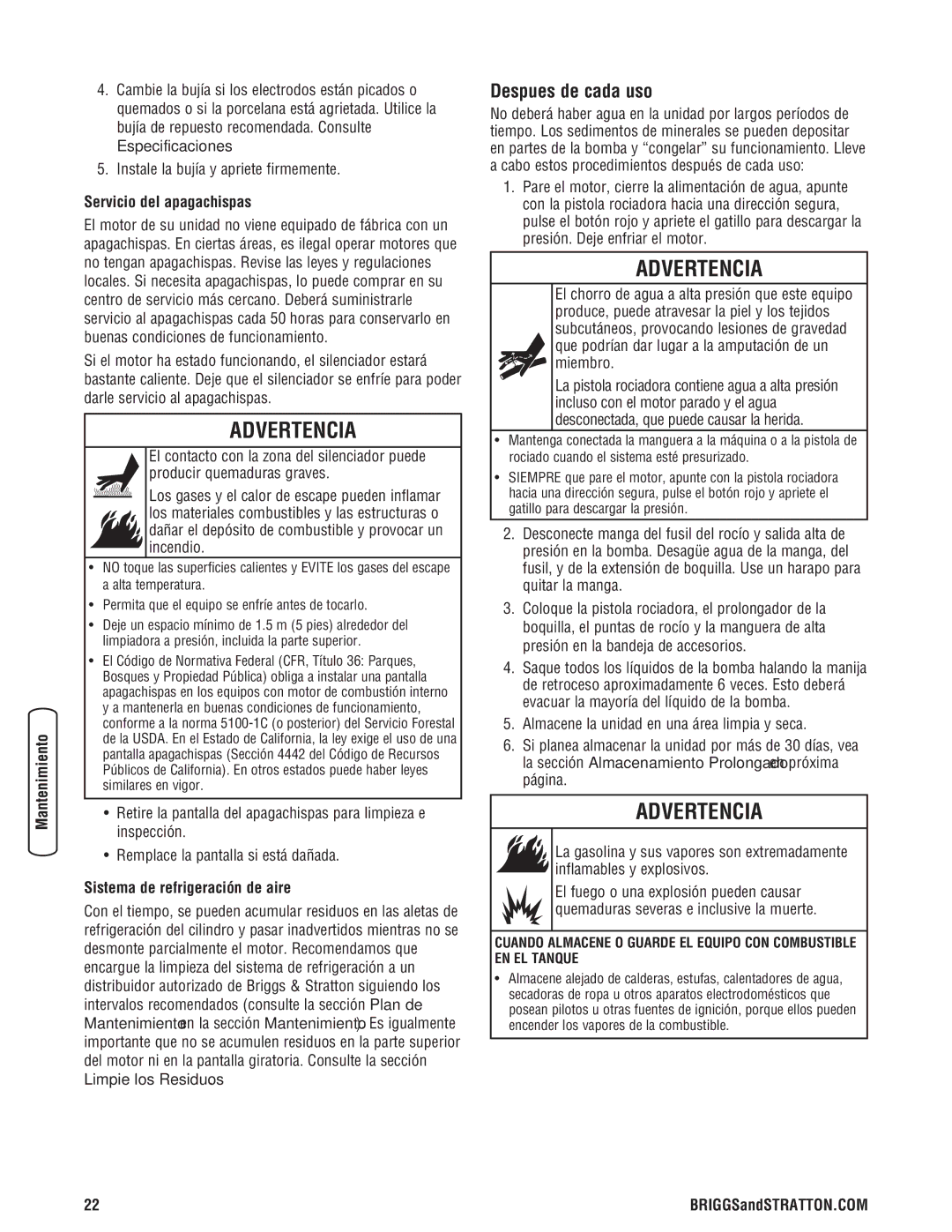 Briggs & Stratton 020274-0 manual Despues de cada uso, Servicio del apagachispas, Sistema de refrigeración de aire 