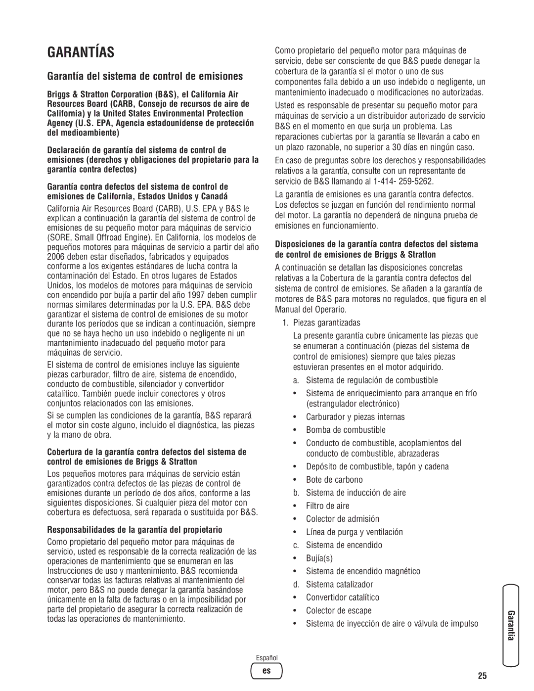 Briggs & Stratton 020274-0 Garantía del sistema de control de emisiones, Responsabilidades de la garantía del propietario 