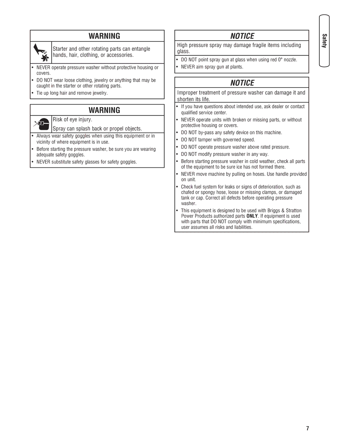 Briggs & Stratton 020274-0 manual Risk of eye injury Spray can splash back or propel objects 