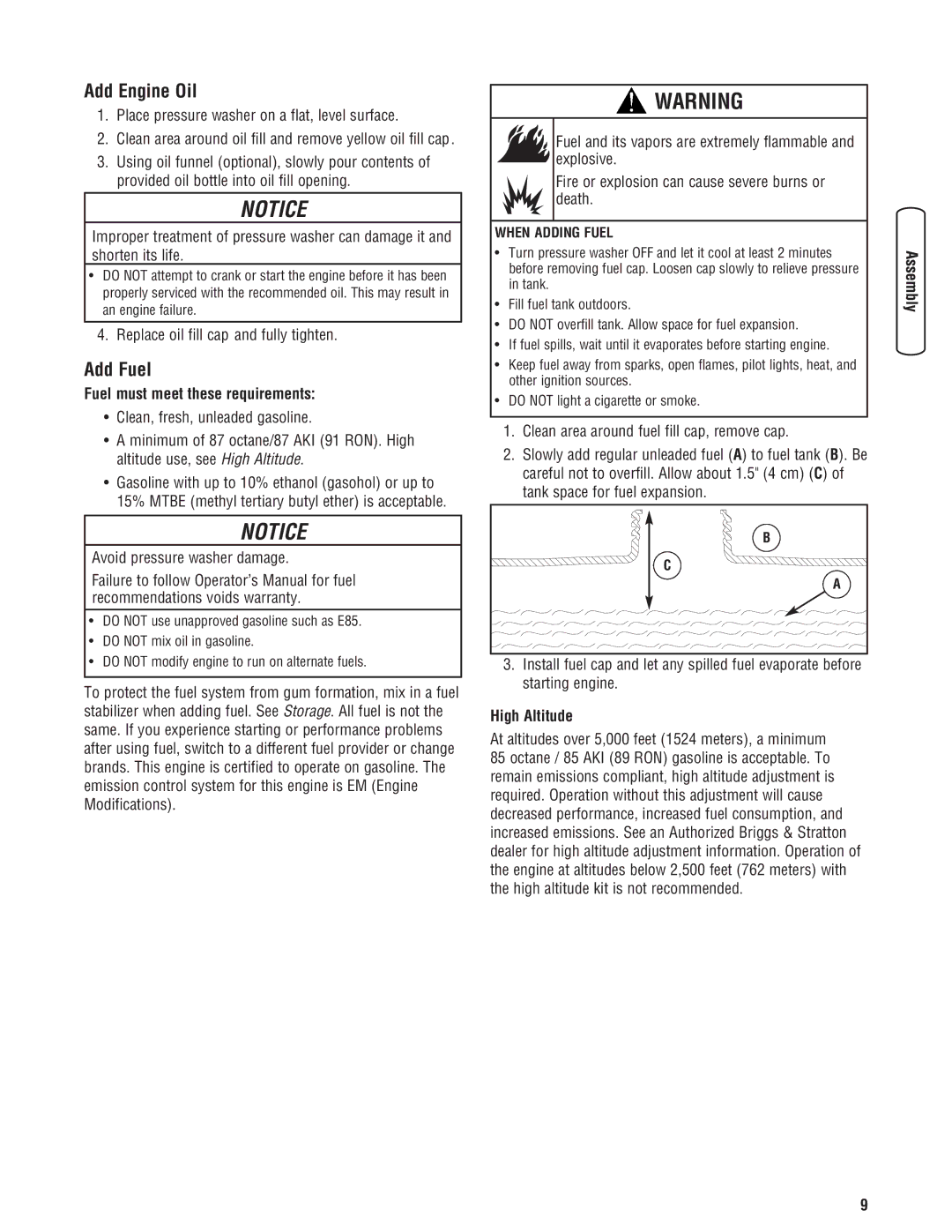 Briggs & Stratton 020274-0 manual Add Engine Oil, Add Fuel, Fuel must meet these requirements, High Altitude 