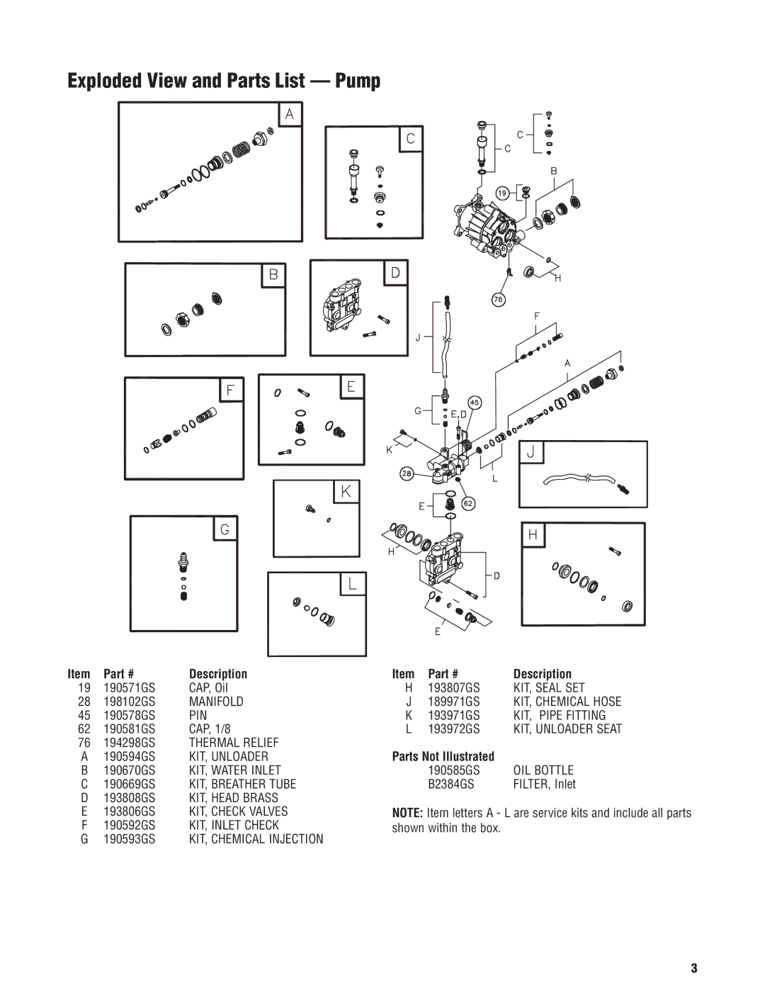 Briggs & Stratton 020274-02 manual Exploded View and Parts List Pump, Parts Not Illustrated 