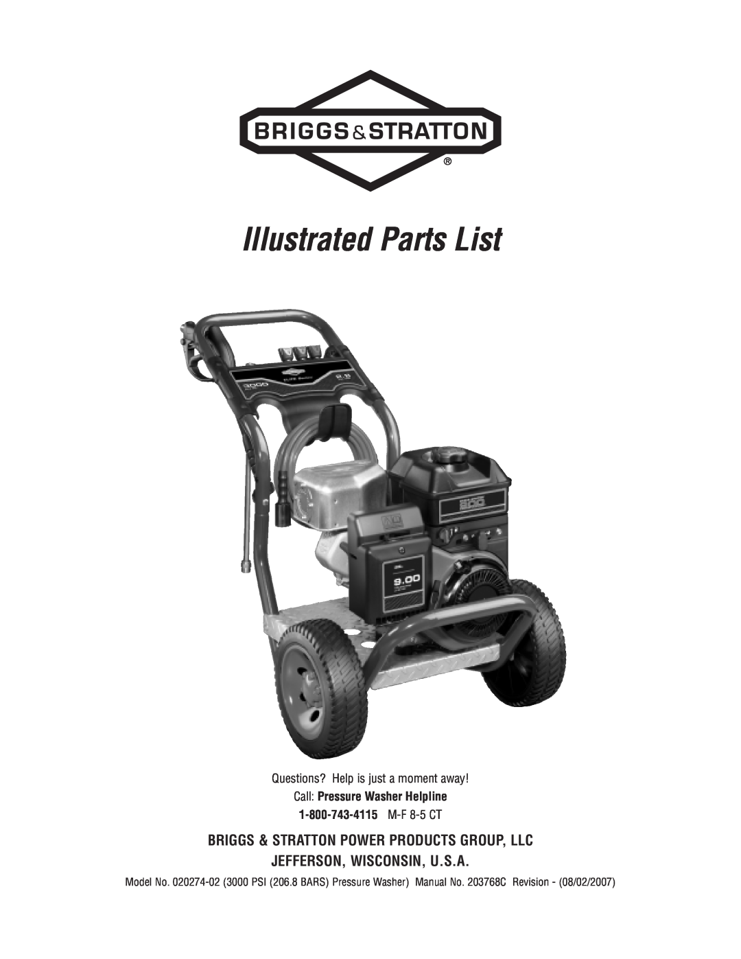 Briggs & Stratton 020274-02 manual Illustrated Parts List, Briggs & Stratton Power Products Group, Llc 