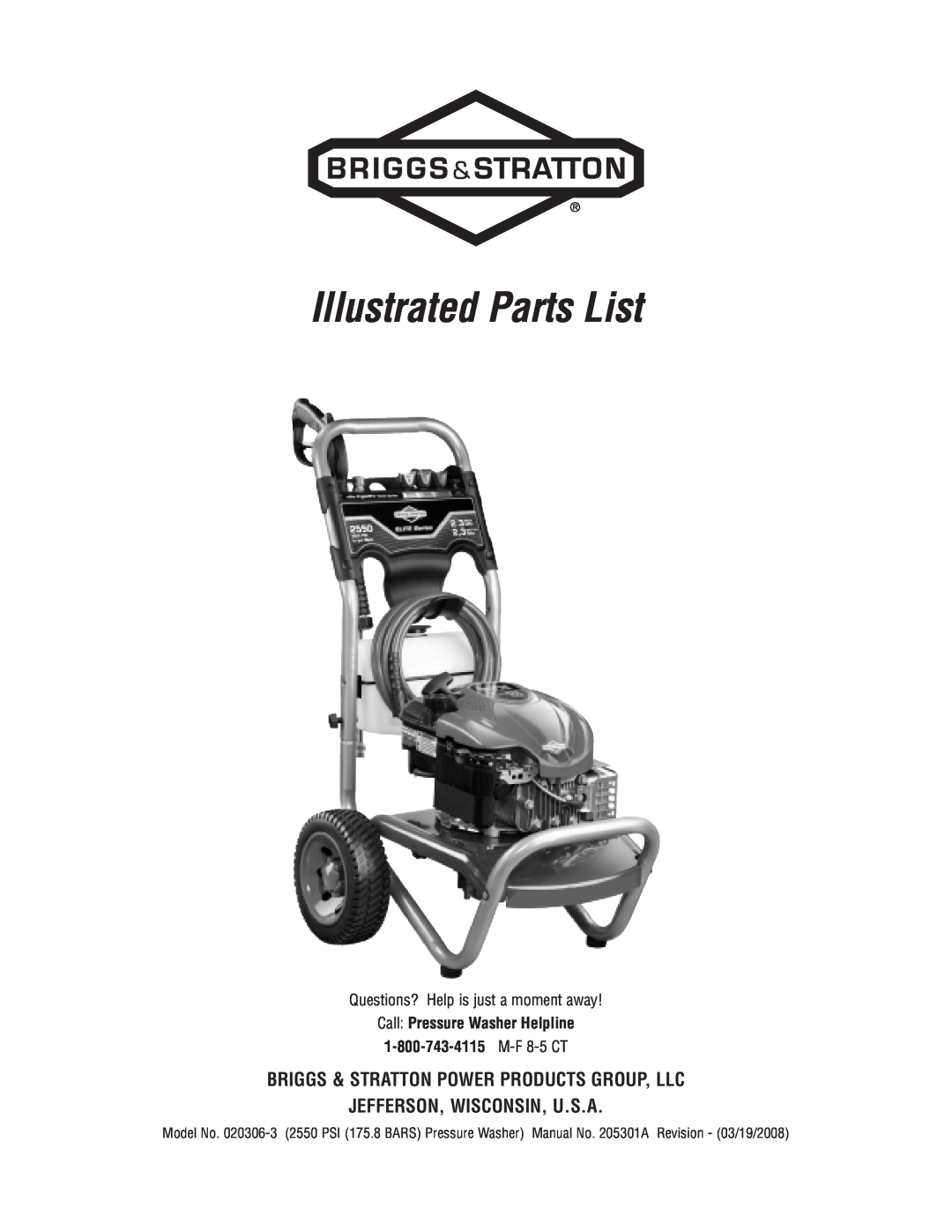 Briggs & Stratton 020306-3 manual Illustrated Parts List, Briggs & Stratton Power Products Group, Llc 