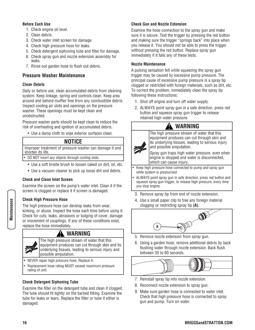 Briggs & Stratton 020324-0 manual Pressure Washer Maintenance 